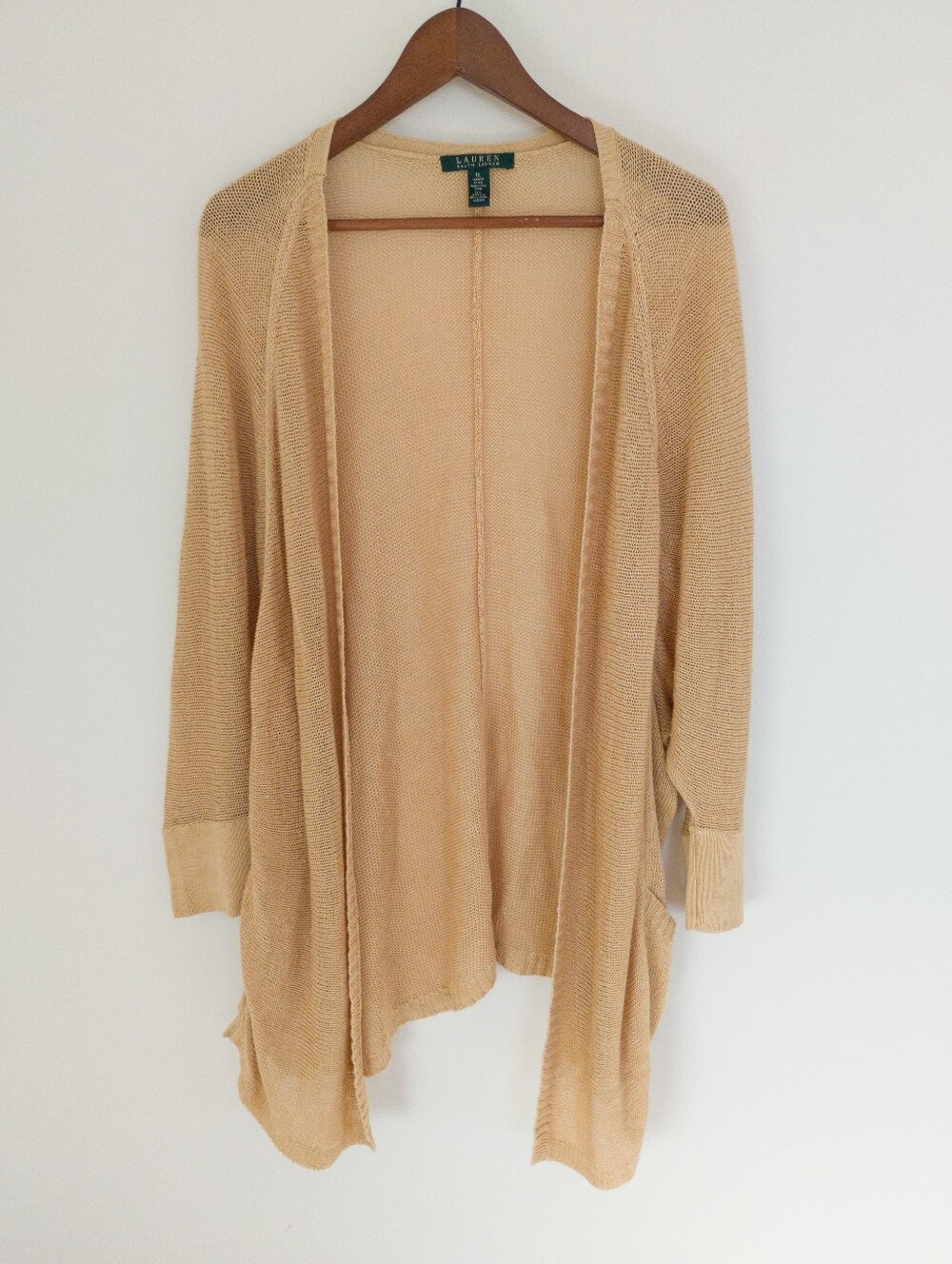 Lauren Ralph Lauren Plus 1X Beige Linen Blend Open Front Cardigan Sweater Pocket
